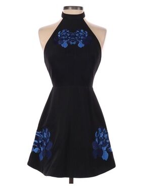 Keepsake Black Halter Dress with Blue Floral Appliqué